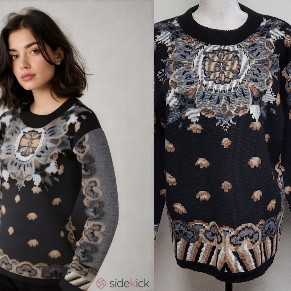 Joyce Vintage 70s Thick Black Mushroom Floral Crewneck Oversized Sweater Medium